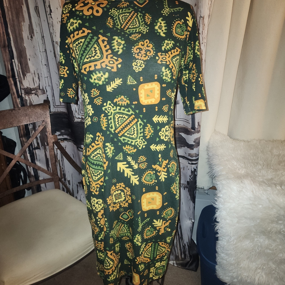 LuLaRoe Geometric Green and Gold Dress